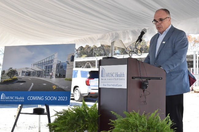 Dr. Patrick Cawley addresses those gathered for the MUSC Health Black River Medical Center Topping Out Celebration. 