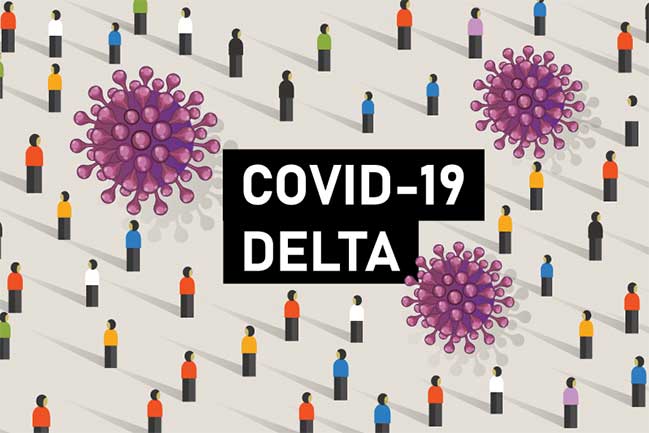 A graphic of miniature people amongst giant purple Coronavirus balls.
