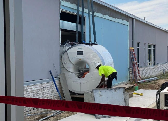 MRI component being moved into the under-construction Black River Medical Center.