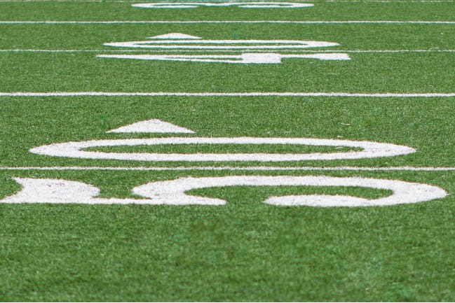 Grassy playing field painted for football at the fifty-yard line.