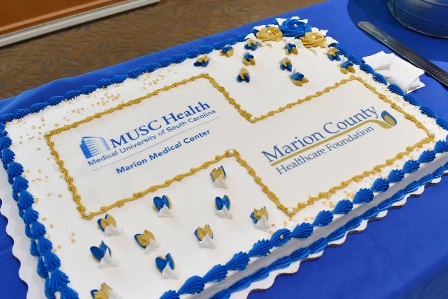 A cake celebrating Marion Medical Center receiving a $500,000 grant from the Marion County Healthcare Foundation (MCHF). 