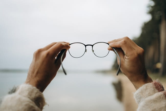 A pair of hands holding up a pair of glasses