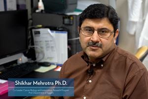Screengrab that has a headshot of a man and reads: Shikhar Mehrotra, Ph.D. | Co-Leader, Cancer Biology and Immunology Research Program, Prof. Department of Surgery.