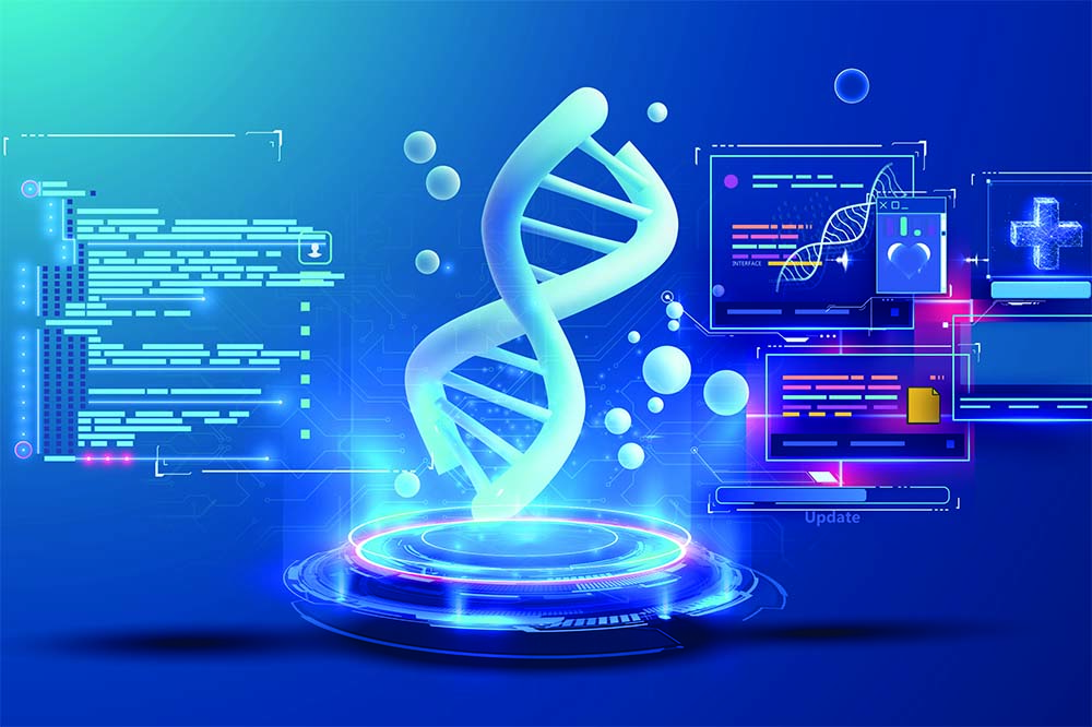 Digital illustration showcases a glowing DNA strand surrounded by dynamic data streams, symbolizing cutting-edge technology in genetic research and bioinformatics.